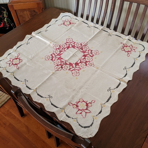 Vintage Other - Vintage 1940s Embroidery Cross Stitch Linen Tablecloth Handmade Antique Retro